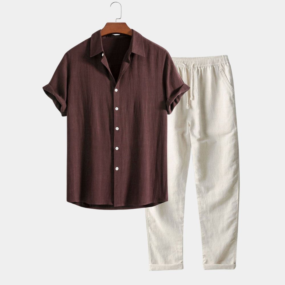 Léo - Ensemble stylé avec chemise manche courte homme et pantalon fluide tendance Marron café