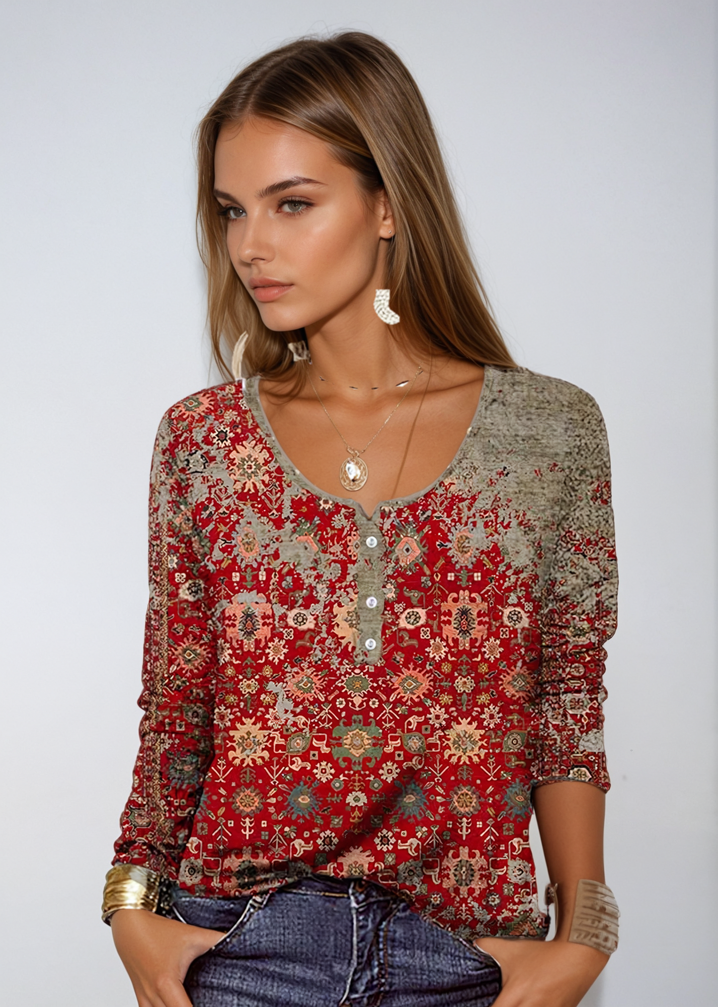 Sienna - Pull en Maille Élégant à Motif Bohème Rouge