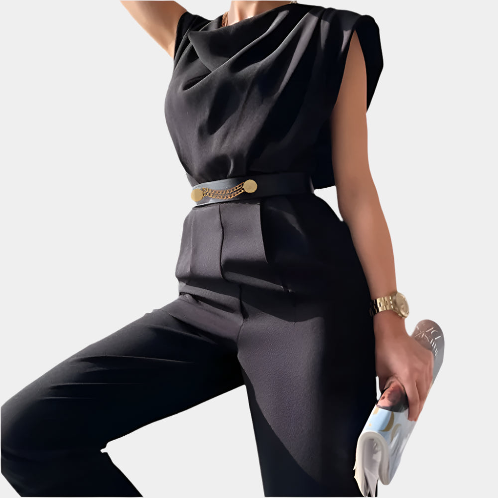 Aurelia - Combinaison longue élégante avec ceinture pour femme Noir