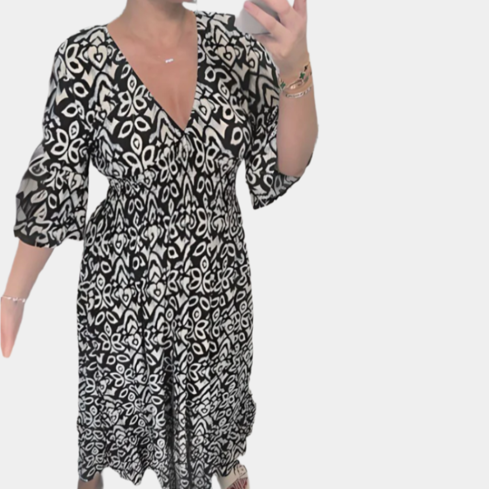 Dexie - Élégante robe imprimée bohème pour femme Noir