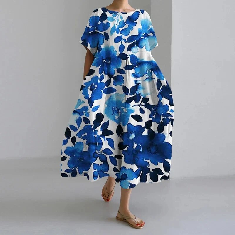 Maya – Robe Midi Fluide à Imprimé Bohème Bleu foncé