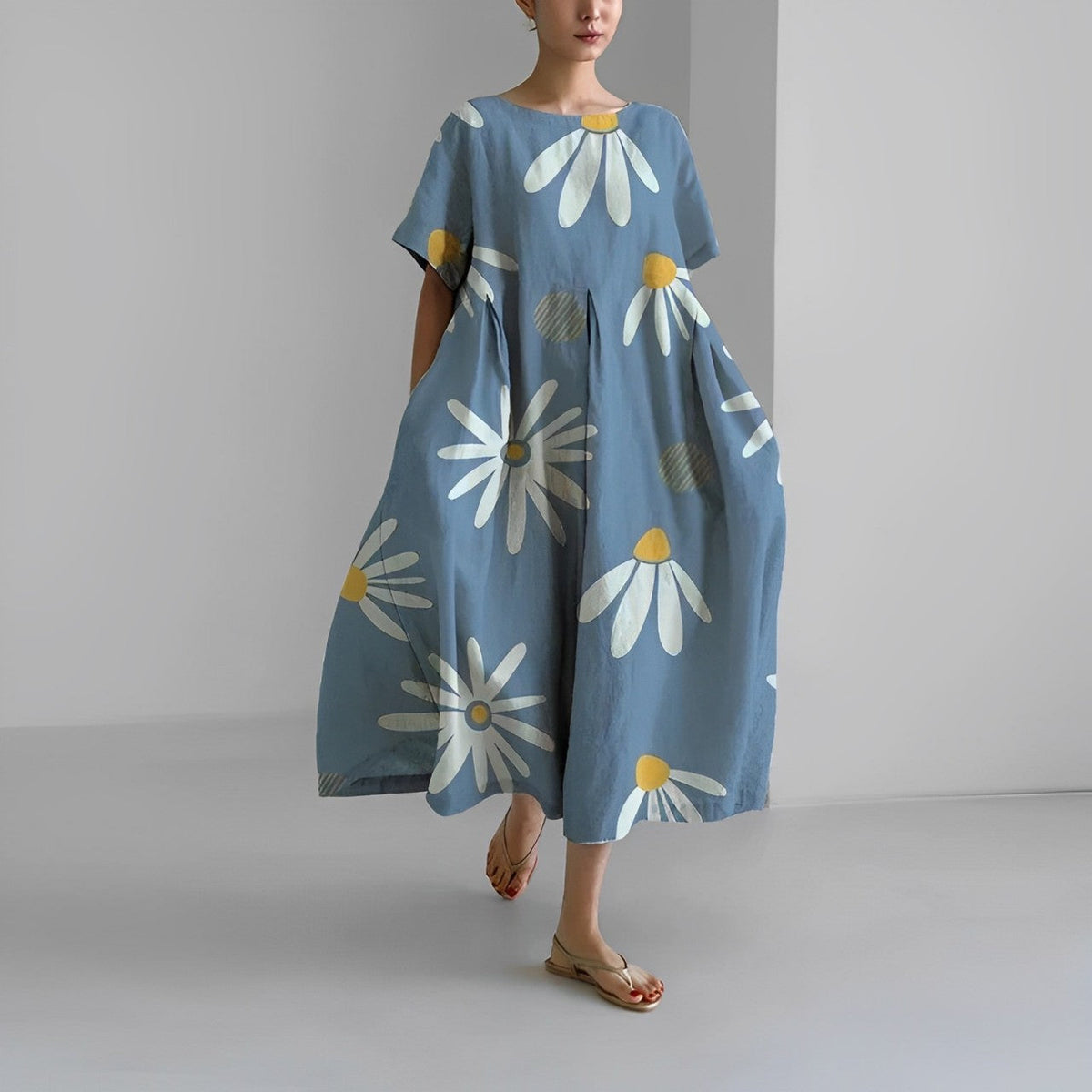 Maya – Robe Midi Fluide à Imprimé Bohème Bleu clair