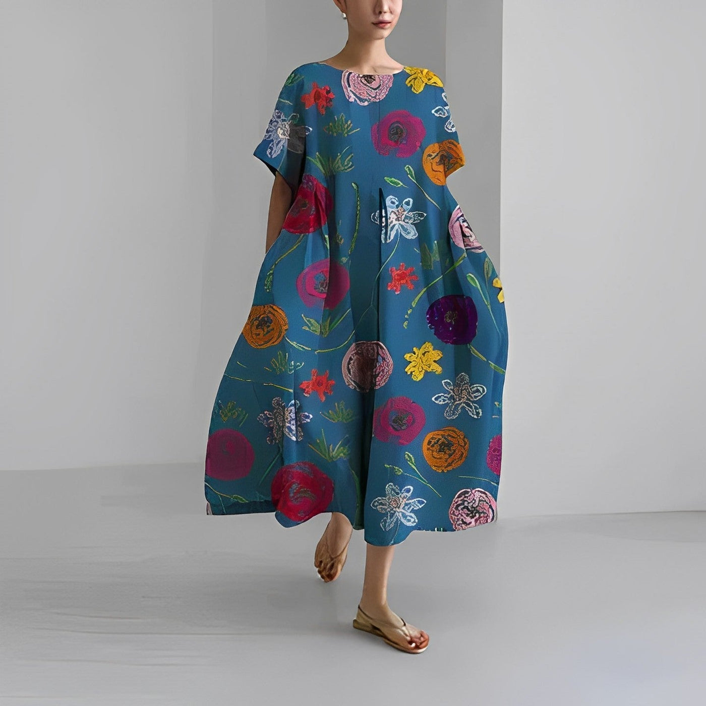 Maya – Robe Midi Fluide à Imprimé Bohème Bleu