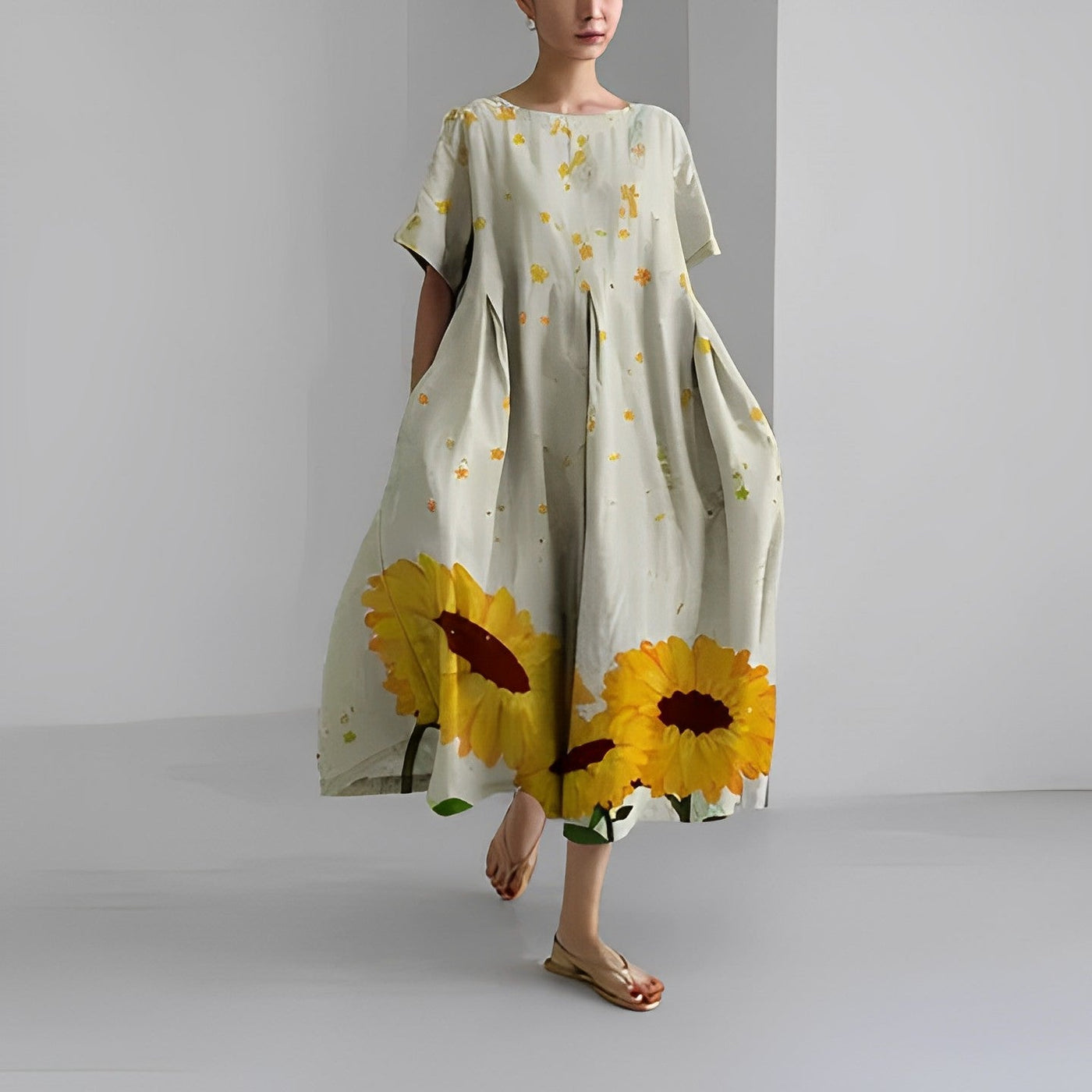 Maya – Robe Midi Fluide à Imprimé Bohème Beige