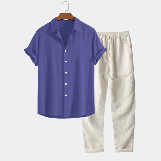Léo - Ensemble stylé avec chemise manche courte homme et pantalon fluide tendance Pourpre