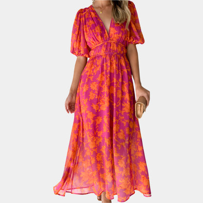 Esley - Robe longue élégante à col en V pour femme Orange